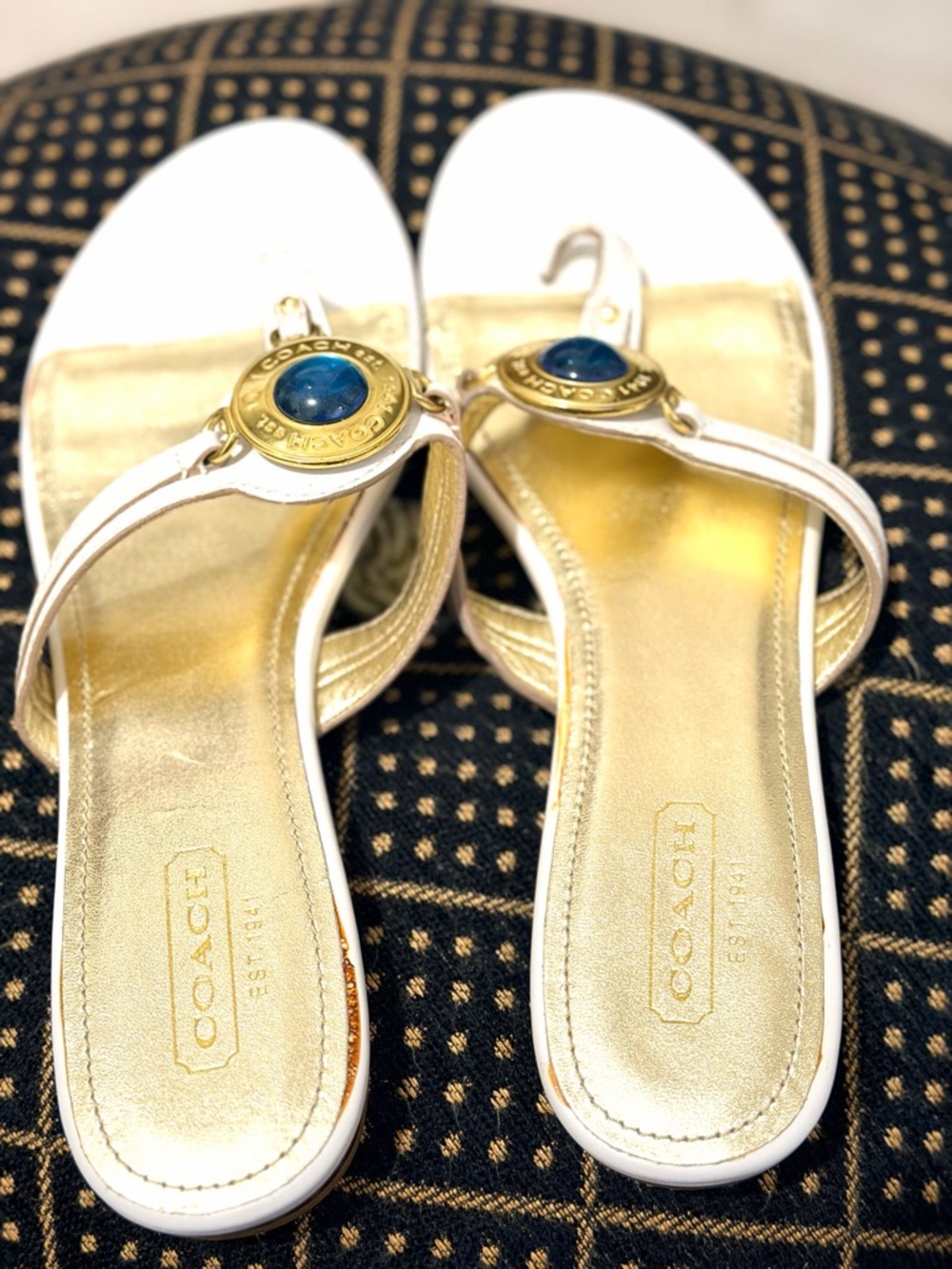 Coach White Leather Sandals with Gold Medallion and Blue Cabochon - Picture 4 of 11